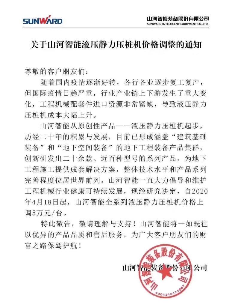 关于九州ku酷游智能液压静力压桩机价钱调解的通知